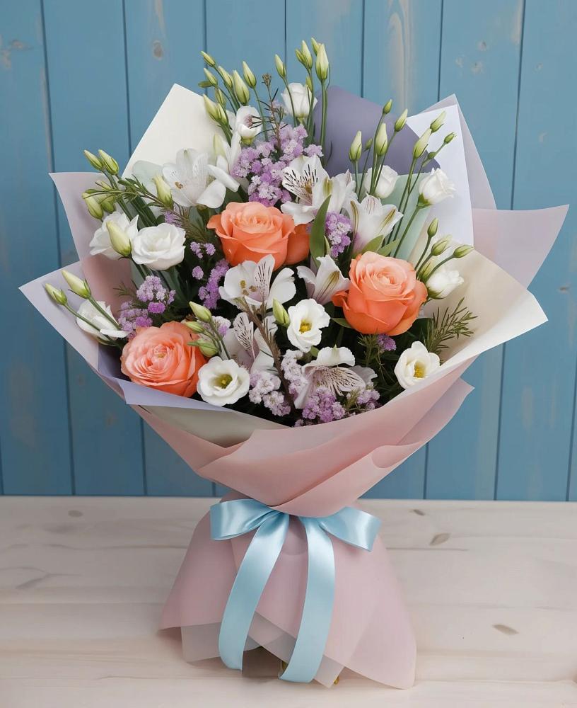 Букет цветов из: Лизиантусы, Розы, Альстромерии и Гипсофила в Перми