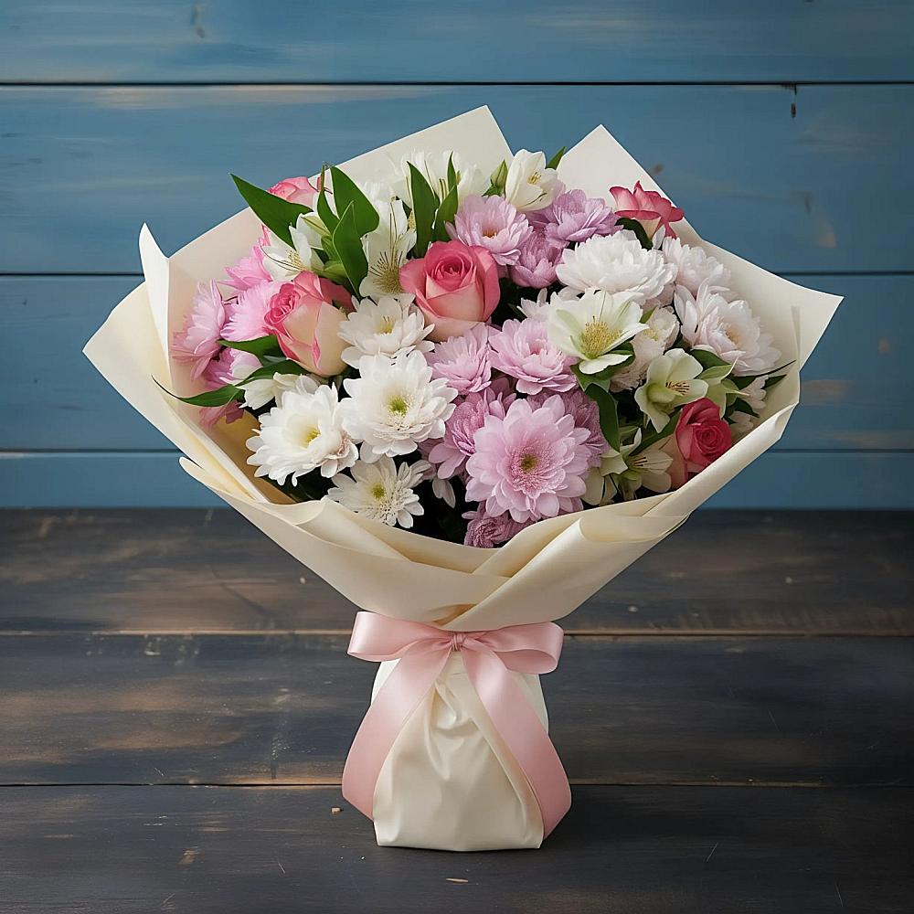 Букет цветов из: Хризантемы, Альстромерии и Розы в Перми